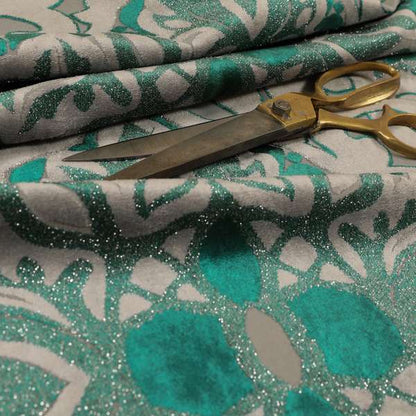 Casablanca Medallion Pattern Velvet Textured Furnishing Fabric In Teal Colour