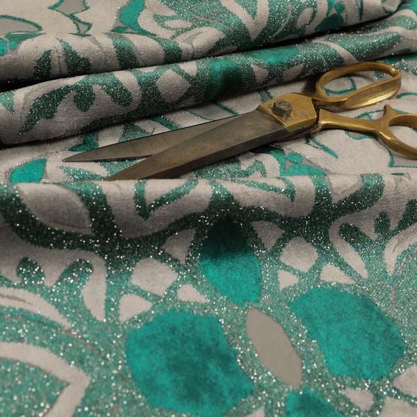 Casablanca Medallion Pattern Velvet Textured Furnishing Fabric In Teal Colour - Made To Measure Curtains