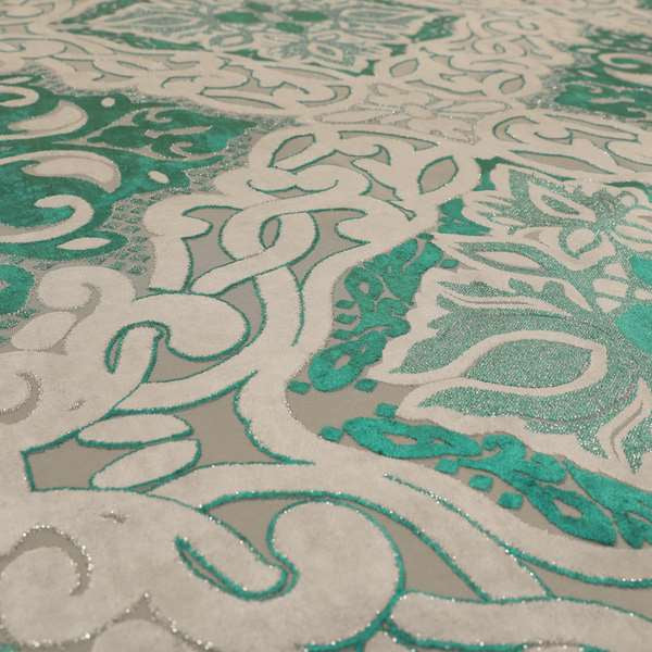 Casablanca Medallion Pattern Velvet Textured Furnishing Fabric In Teal Colour - Made To Measure Curtains