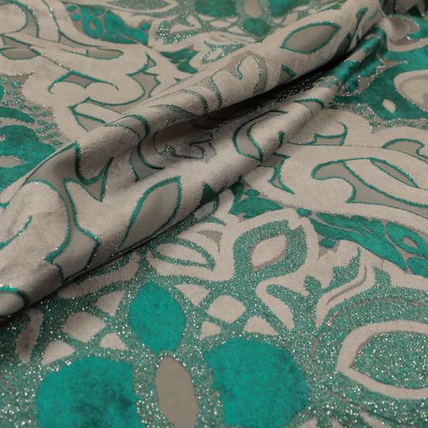 Casablanca Medallion Pattern Velvet Textured Furnishing Fabric In Teal Colour - Made To Measure Curtains