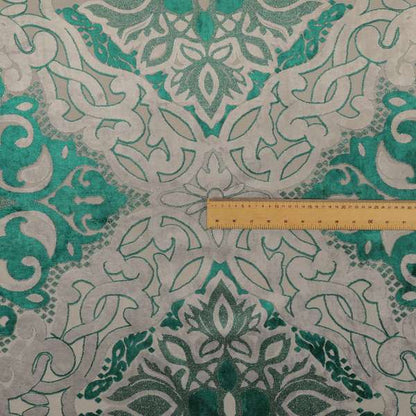 Casablanca Medallion Pattern Velvet Textured Furnishing Fabric In Teal Colour - Made To Measure Curtains