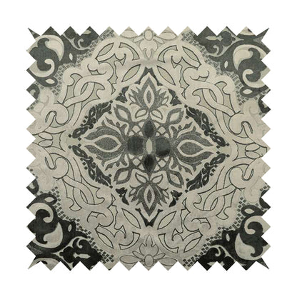 Casablanca Medallion Pattern Velvet Textured Furnishing Fabric In Black Grey Colour - Made To Measure Curtains