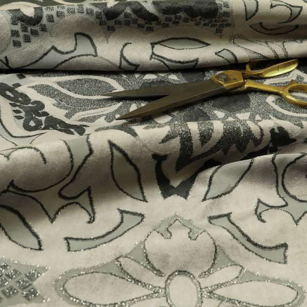 Casablanca Medallion Pattern Velvet Textured Furnishing Fabric In Black Grey Colour - Handmade Cushions