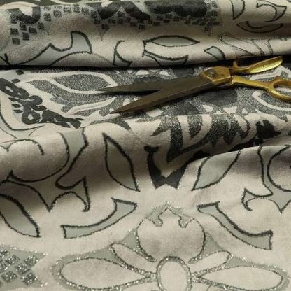 Casablanca Medallion Pattern Velvet Textured Furnishing Fabric In Black Grey Colour - Handmade Cushions