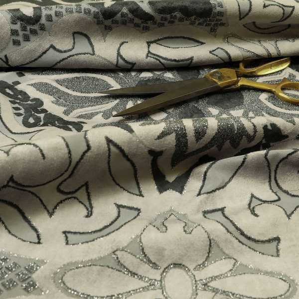 Casablanca Medallion Pattern Velvet Textured Furnishing Fabric In Black Grey Colour - Made To Measure Curtains