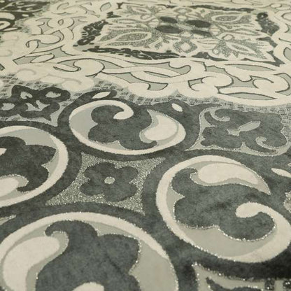 Casablanca Medallion Pattern Velvet Textured Furnishing Fabric In Black Grey Colour