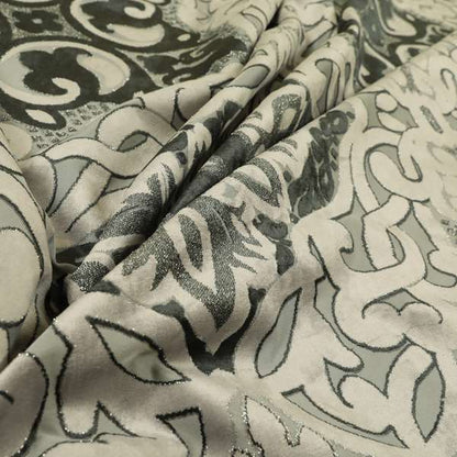 Casablanca Medallion Pattern Velvet Textured Furnishing Fabric In Black Grey Colour