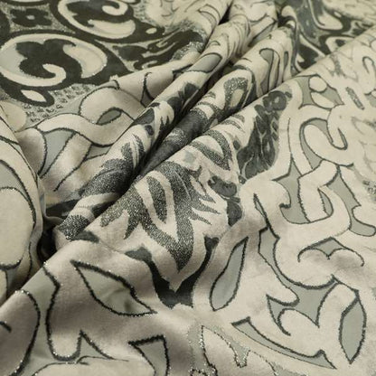 Casablanca Medallion Pattern Velvet Textured Furnishing Fabric In Black Grey Colour - Made To Measure Curtains