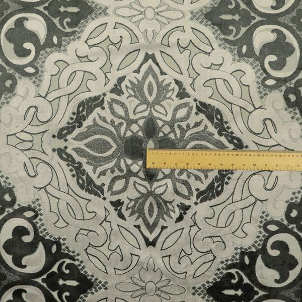 Casablanca Medallion Pattern Velvet Textured Furnishing Fabric In Black Grey Colour - Made To Measure Curtains