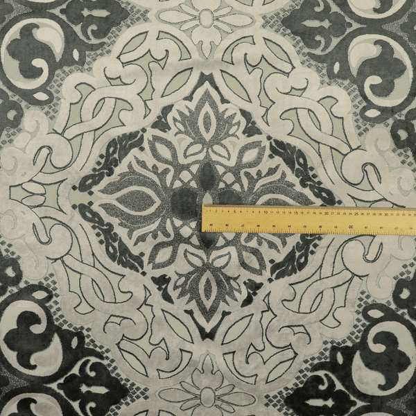 Casablanca Medallion Pattern Velvet Textured Furnishing Fabric In Black Grey Colour