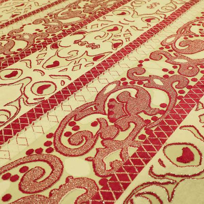 Casablanca Stripe Pattern Velvet Textured Furnishing Fabric In Red Colour