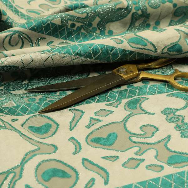 Casablanca Stripe Pattern Velvet Textured Furnishing Fabric In Teal Colour - Made To Measure Curtains