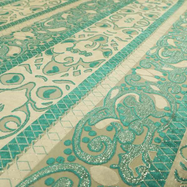 Casablanca Stripe Pattern Velvet Textured Furnishing Fabric In Teal Colour - Made To Measure Curtains