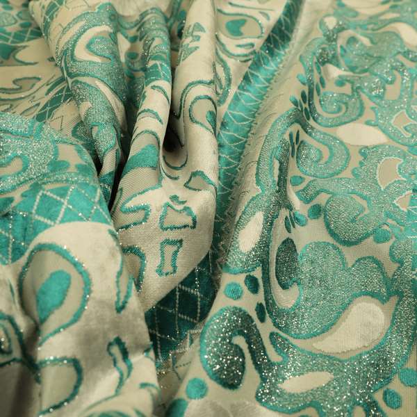 Casablanca Stripe Pattern Velvet Textured Furnishing Fabric In Teal Colour - Made To Measure Curtains