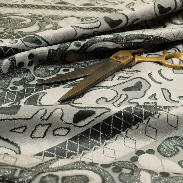 Casablanca Stripe Pattern Velvet Textured Furnishing Fabric In Black Grey Colour