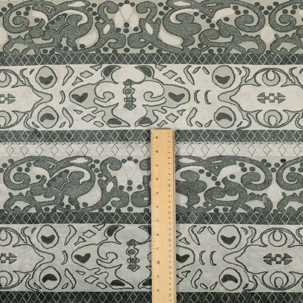 Casablanca Stripe Pattern Velvet Textured Furnishing Fabric In Black Grey Colour