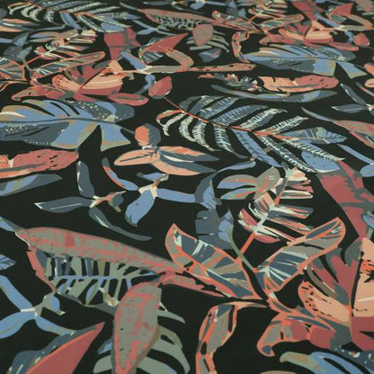 Colony Jungle Leafs Pattern Printed Velveteen Black Colour Upholstery Curtains Fabric - Made To Measure Curtains