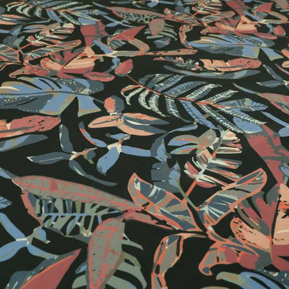 Colony Jungle Leafs Pattern Printed Velveteen Black Colour Upholstery Curtains Fabric