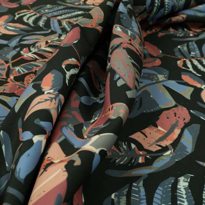 Colony Jungle Leafs Pattern Printed Velveteen Black Colour Upholstery Curtains Fabric - Made To Measure Curtains