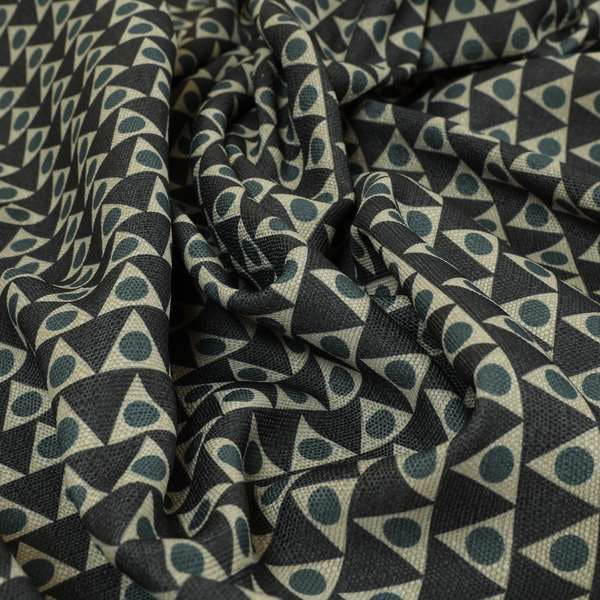 Dallas Geometric Pattern Printed Pattern On Linen Effect Chenille Material Blue Coloured Upholstery Fabric