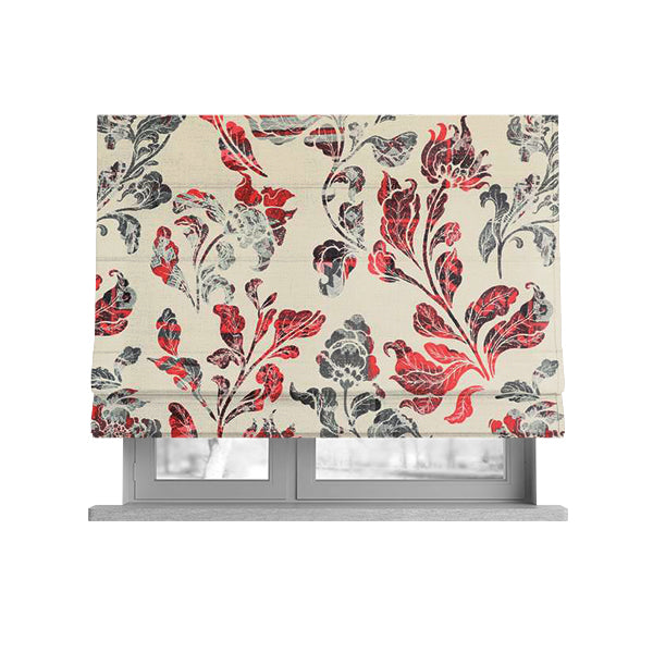 Freedom Printed Velvet Fabric Red Grey Colour Flower Damask Pattern Upholstery Fabric CTR-499 - Roman Blinds
