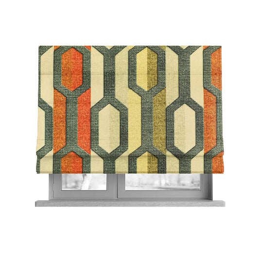 Freedom Printed Velvet Fabric Grey Orange Green Colour Geometric Stripe Pattern Upholstery Fabrics CTR-519 - Roman Blinds