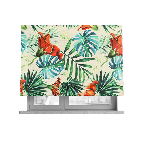 Freedom Printed Velvet Fabric Jungle Leaf White Green Red Colour Pattern Upholstery Fabric CTR-522 - Roman Blinds