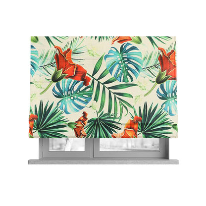 Freedom Printed Velvet Fabric Jungle Leaf White Green Red Colour Pattern Upholstery Fabric CTR-522 - Roman Blinds