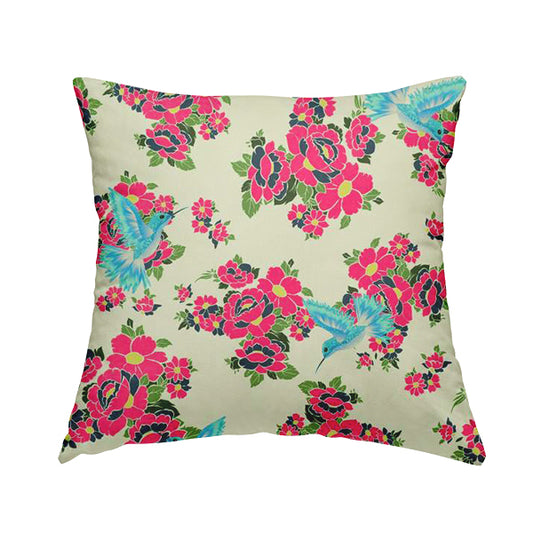 Freedom Printed Velvet Fabric Blue Kingfisher Bird Pink Floral Pattern Furnishing Fabric CTR-531 - Handmade Cushions
