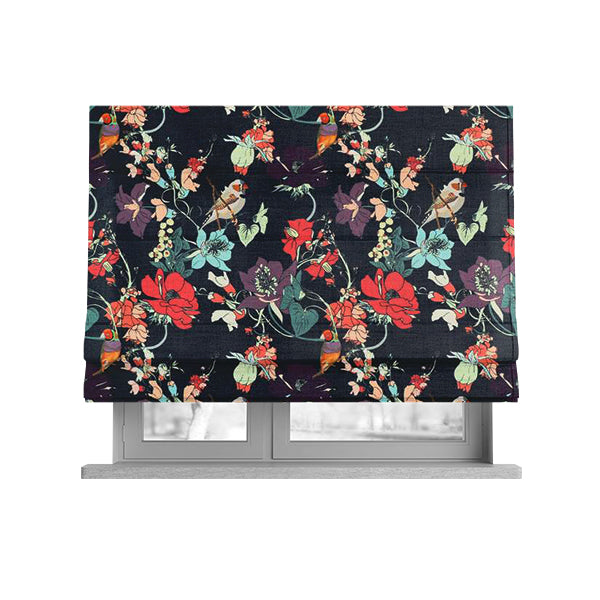 Freedom Printed Velvet Fabric Black Colourful Floral With Birds Pattern Upholstery Fabric CTR-541 - Roman Blinds