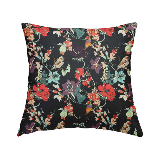 Freedom Printed Velvet Fabric Black Colourful Floral With Birds Pattern Upholstery Fabric CTR-541 - Handmade Cushions