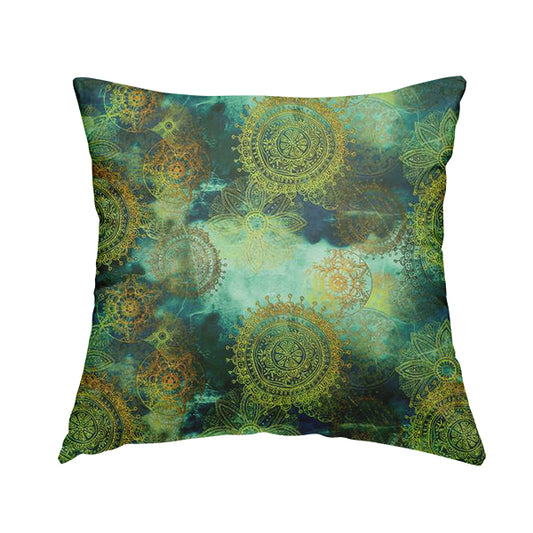 Freedom Printed Velvet Fabric Deep Blue Ocean Green Yellow Circular Pattern Upholstery Fabrics CTR-546 - Handmade Cushions