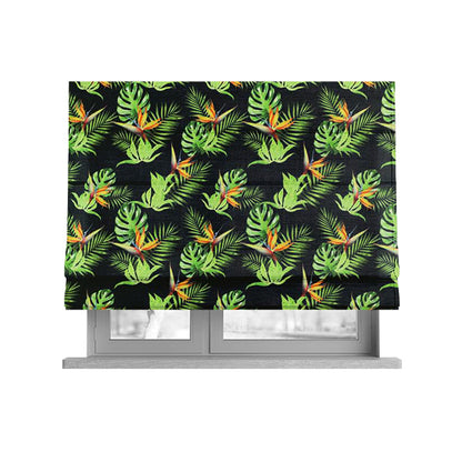 Freedom Printed Velvet Fabric Full Black Colour Green Leaf Floral Pattern Upholstery Fabrics CTR-555 - Roman Blinds