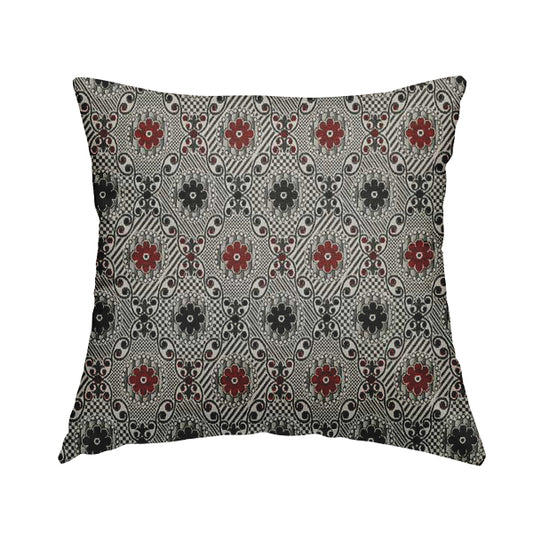 Kodiak Textured Glitter Upholstery Furnishing Pattern Fabric Small Floral In Black Red Silver CTR-572 - Handmade Cushions