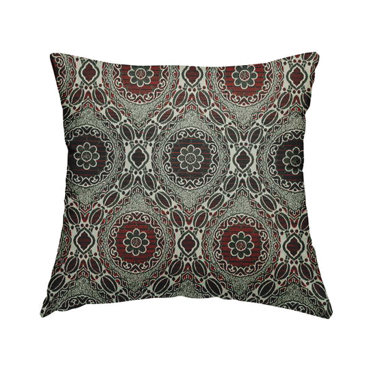 Palmer Textured Glitter Upholstery Furnishing Pattern Fabric Damask Circle In Black Red Silver CTR-575 - Handmade Cushions