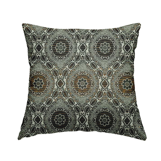 Palmer Textured Glitter Upholstery Furnishing Pattern Fabric Damask Circle In Grey Black Yellow CTR-576 - Handmade Cushions