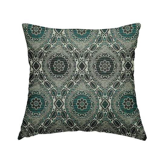 Palmer Textured Glitter Upholstery Furnishing Pattern Fabric Damask Circle In Silver Black Teal CTR-577 - Handmade Cushions