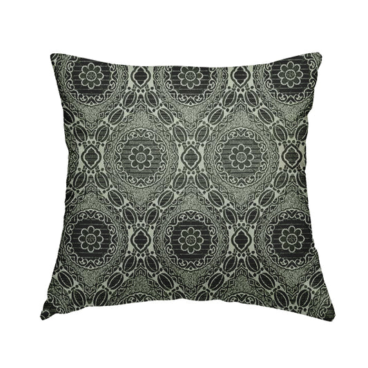 Palmer Textured Glitter Upholstery Furnishing Pattern Fabric Damask Circle In Silver Black Grey CTR-578 - Handmade Cushions