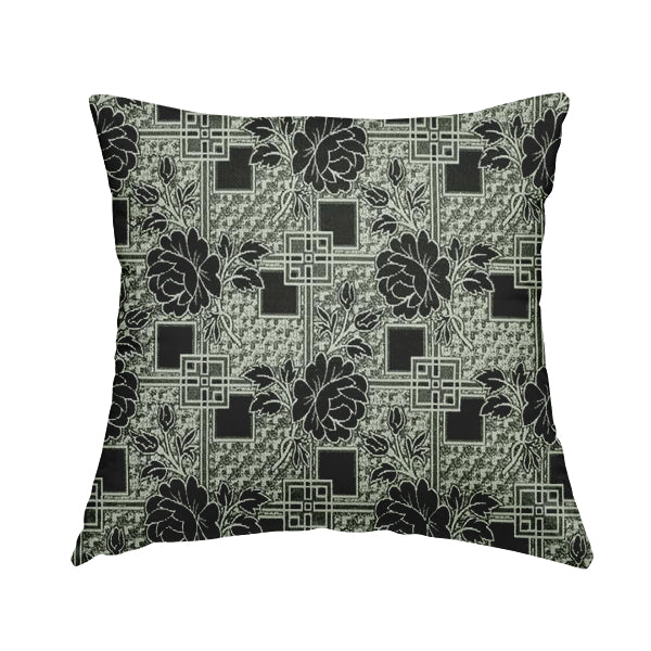 Kenai Glitter Upholstery Furnishing Pattern Fabric Patchwork Floral In Black Silver CTR-584 - Handmade Cushions