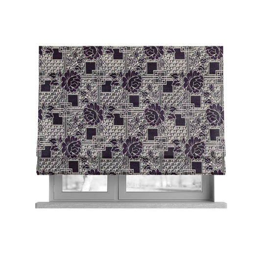 Kenai Glitter Upholstery Furnishing Pattern Fabric Patchwork Floral In Black Silver CTR-586 - Roman Blinds