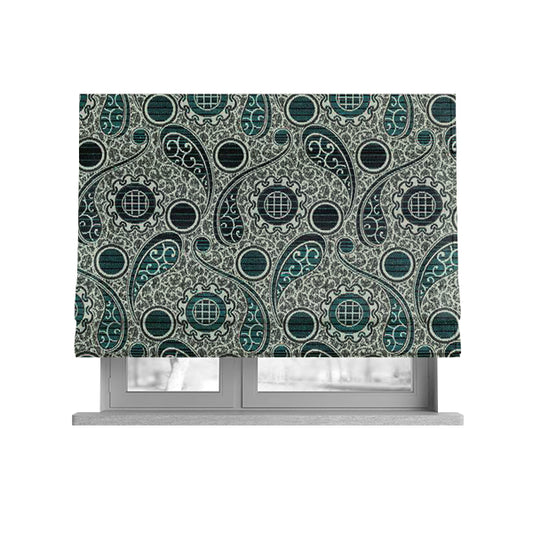 Wasilla Upholstery Furnishing Pattern Fabrics Paisley Damask In Teal Blue Grey CTR-605 - Roman Blinds
