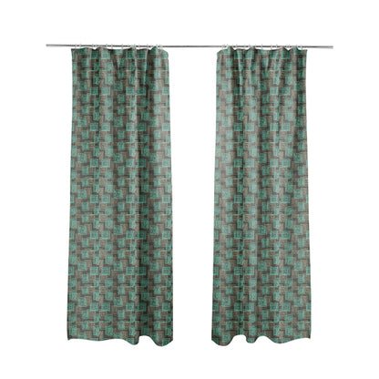Tinto Shiny Finish Modern Geometric Pattern Chenille Upholstery Fabric In Blue Teal Colour With Silver Grey Background MSS-26 - Made To Measure Curtains