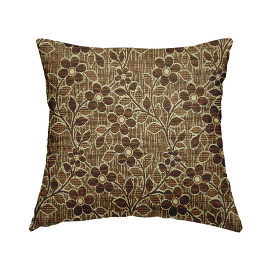 Davina Floral Pattern Textured Chenille Upholstery Curtain Fabric Brown Colour CTR-615 - Handmade Cushions
