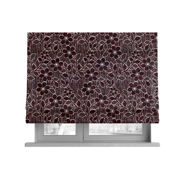 Davina Floral Pattern Textured Chenille Upholstery Curtain Fabric Burgundy Colour CTR-616 - Roman Blinds