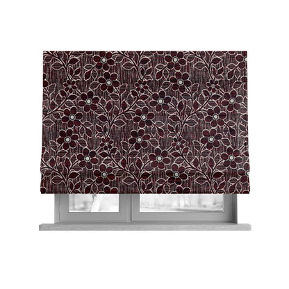 Davina Floral Pattern Textured Chenille Upholstery Curtain Fabric Burgundy Colour CTR-616 - Roman Blinds