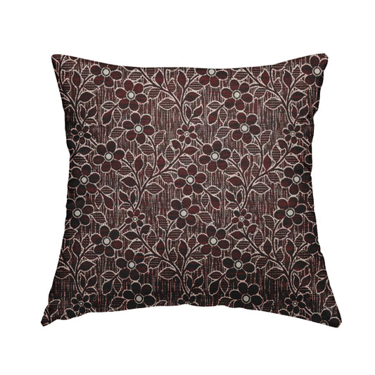 Davina Floral Pattern Textured Chenille Upholstery Curtain Fabric Burgundy Colour CTR-616 - Handmade Cushions