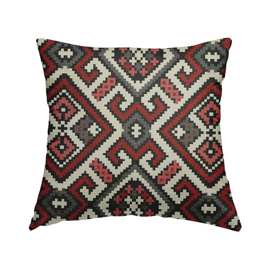 Inegal Modern Kilim Tetris Geometric Pattern Upholstery Furnishing Fabric In Black Red CTR-637 - Handmade Cushions