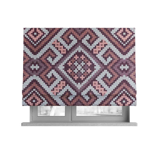 Inegal Modern Kilim Tetris Geometric Pattern Upholstery Furnishing Fabric In Purple Pink CTR-638 - Roman Blinds