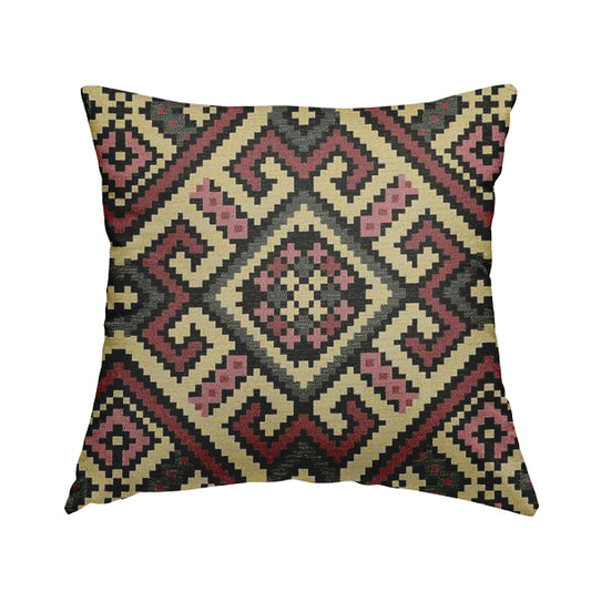 Inegal Modern Kilim Tetris Geometric Pattern Upholstery Furnishing Fabric In Black Beige Pink CTR-639 - Handmade Cushions