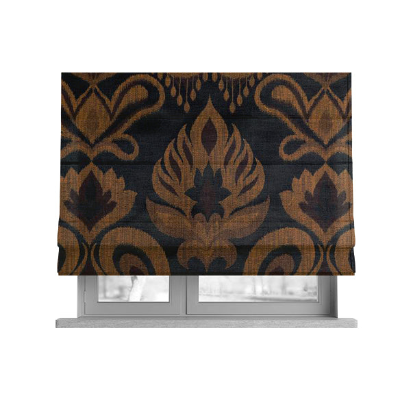Menuett Floral Damask Pattern Upholstery Curtain Furnishing Fabric In Black Gold CTR-640 - Roman Blinds